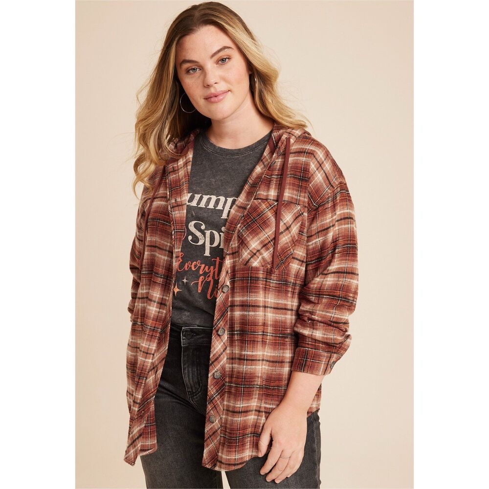 Maurices Plus Size Cabin Plaid Brown Hooded Boyfriend Tunic Shirt 1X